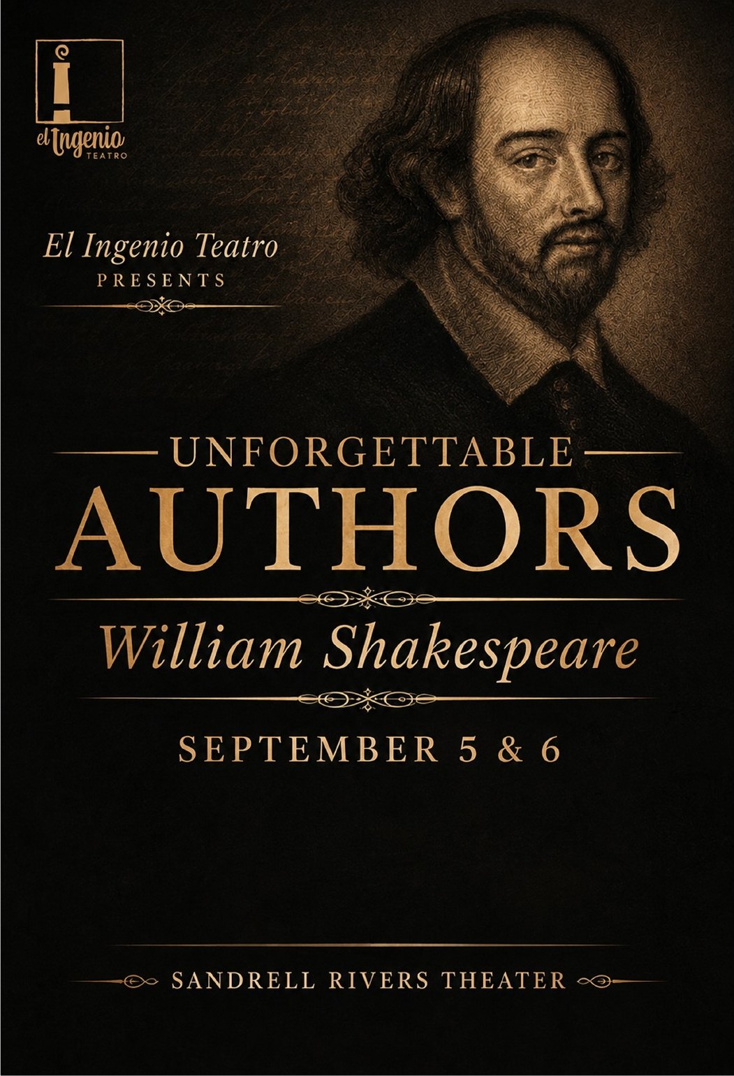 Cartel de Autores Inolvidables 9na Edición dedicada a William Shakespeare, El Ingenio Teatro en el Sandrell Rivers Theater